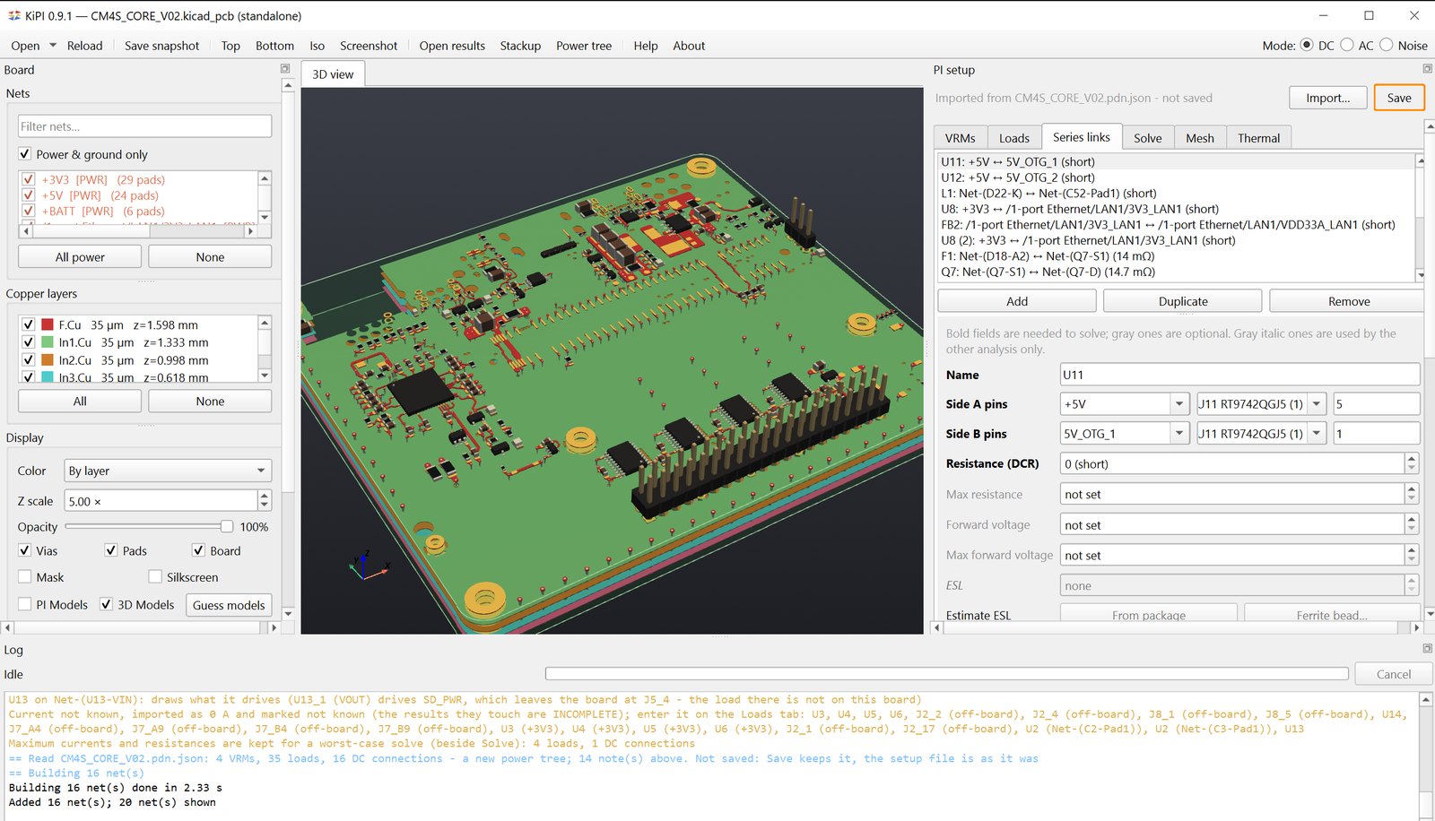 KiPI 3D view of a Raspberry Pi CM4S carrier board, with the PI setup panel showing series links imported from a pdn.json file and a log listing the imported VRMs, loads and DC connections