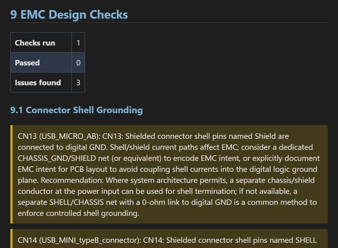 EMC Design Checks showing connector shell grounding analysis, library validation grades, footprint model audit with pass/fail status for each component